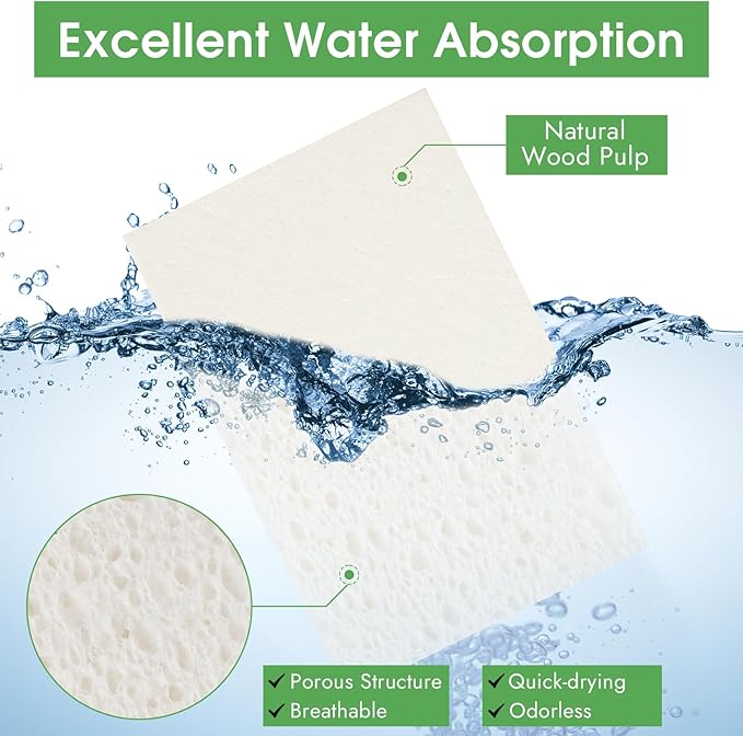 12 PCS Dish Sponges Kitchen, Non Scratch Cleaning Sponge for Non Stick Cookware, Natural Compressed Cellulose Wash Scrub for Household Bathroom, Soft Washing Scrubbers (White)