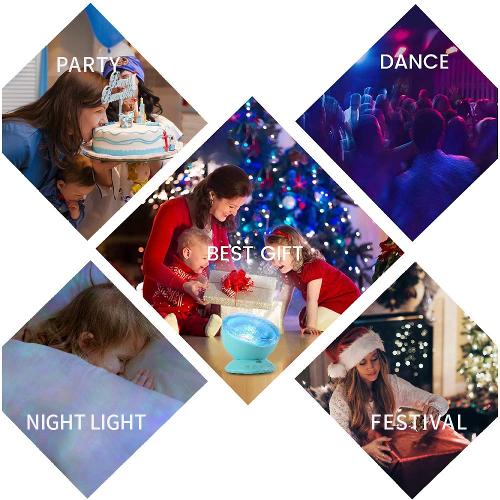 TOMNEW Night Light Projector, Ocean Wave Night Light for Kids Room, Remote and Timer, Dimmable 7 Light Modes and Bulit-in Sound Machine, Mermaid Decor Birthday Christmas Gifts (Blue)