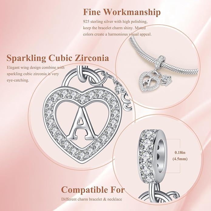 Letter Charms for Charms Bracelet: Silver Heart Alphabet Initial Dangle Charms Bead for Bracelets and Necklaces, Birthday Mother's Day Christmas Jewelry Gifts For Women
