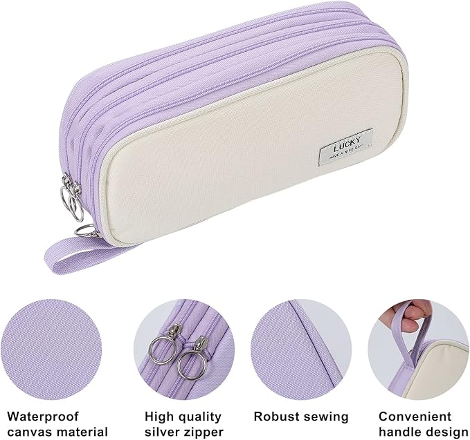 Large Pencil Case Zipper Pencil Pouch Organizer Big Capacity Pencil Bag with Handle Portable for Girls Kids Adults Gift Pen Case for School Home Office Purple