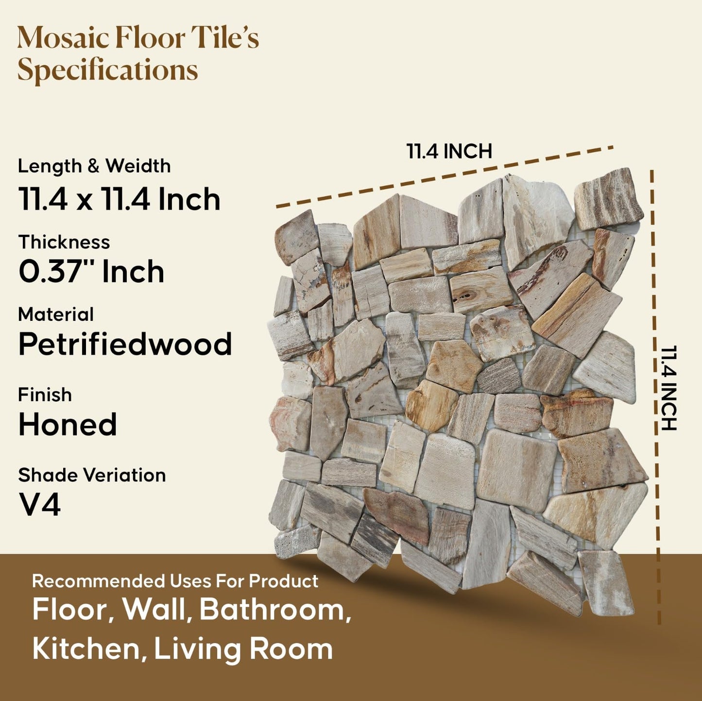 PEBBLETILE.CO Petrified Wood Tiles - Floor and Wall Mosaic Tile - Honed Finish Tiles for Kitchen, Bathroom,Vanities and Laundry (11.4" X 11.4") Mosaic