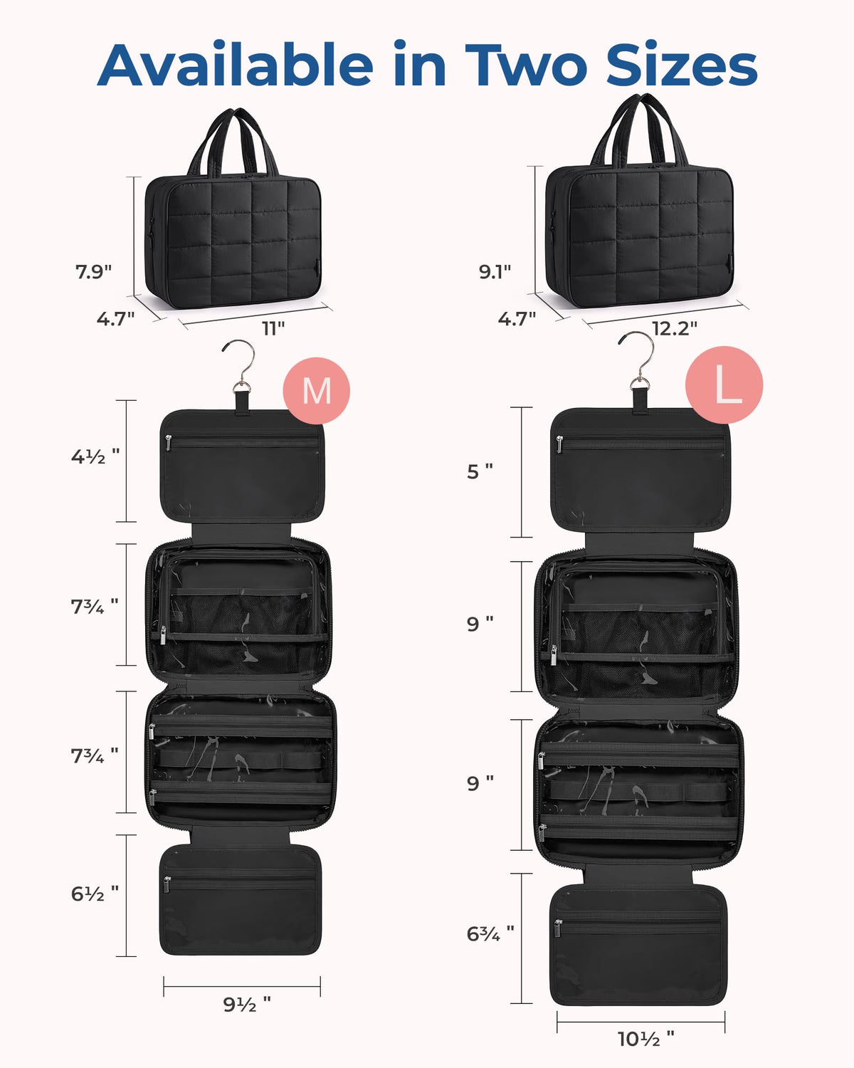 BAGSMART Travel Toiletry Bag with Jewelry Organizer, Hanging Travel Bag for Toiletries, Puffy Makeup Cosmetic Bag Organizer, Carry-on Travel Accessories Essentials, Black-M