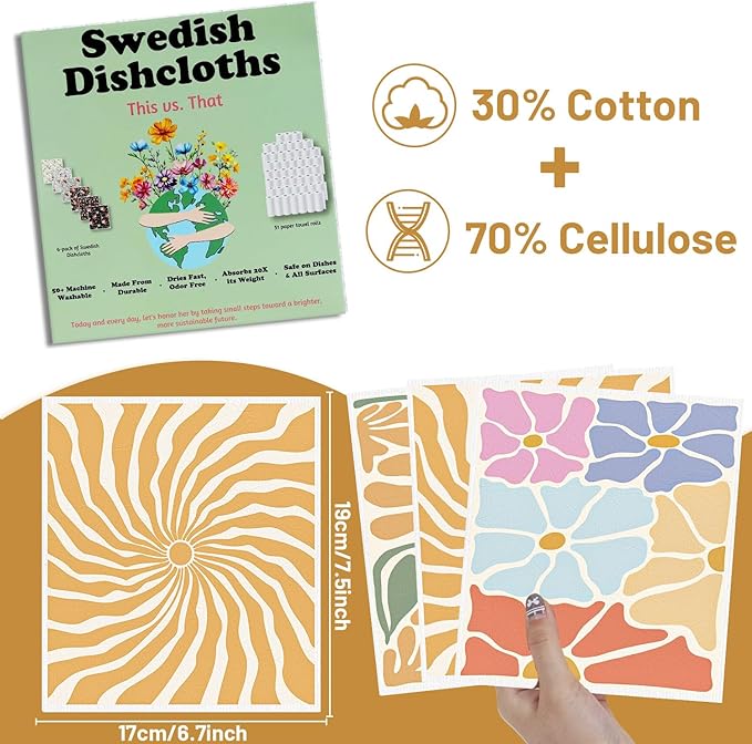 Boho Floral Swedish Dishcloths for Kitchen, 6PCS Retro Groovy Swedish Dish Cloths Gift Set, Reusable Absorbent Cellulose Sponge Dish Towel for Home Cleaning(7.8 X 7 Inches)