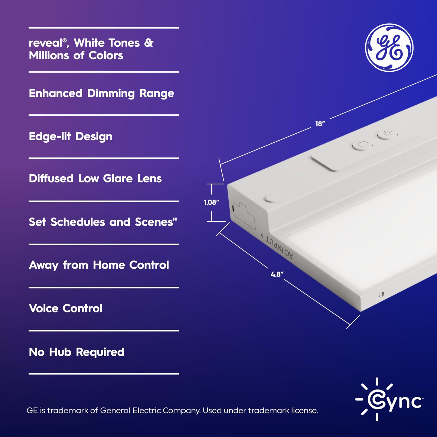 GE Cync Reveal HD+ Smart Undercabinet Light Fixture, Color Changing Undercab Light, Smart Wi-Fi Kitchen Light, Works with Alexa and Google Home, 18-in Bar, 93131251