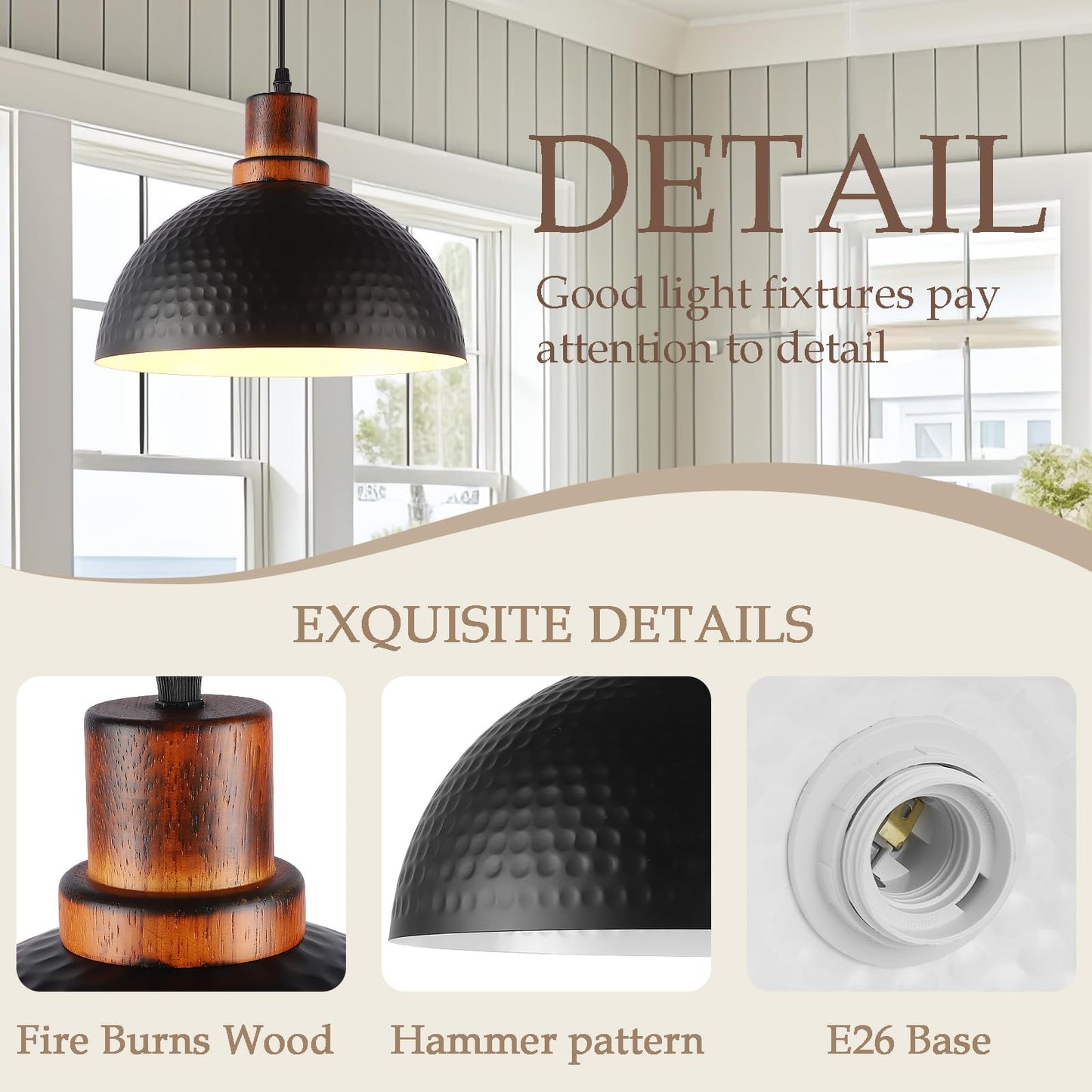 Mgcanyu Solid Wood Pendant Lights 3 Pack, 11.8" Modern Matte Black Dome Hammered Metal Hanging Ceiling Light Fixtures Industrial Lighting for Kitchen Island Dining Living Room Restaurant Farmhouse
