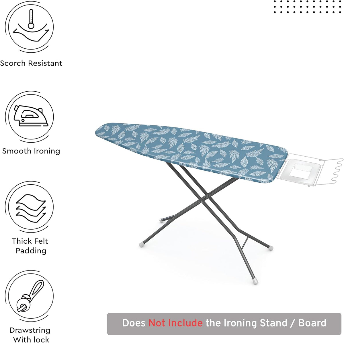Encasa XO Ironing Board Cover and Pad 42"x14" - Thick 3mm Felt Padding, Drawstring Tightening & Lock, Easy Fit, Scorch & Stain Resistant, Fits Medium Ironing Board - Big Leaves Blue