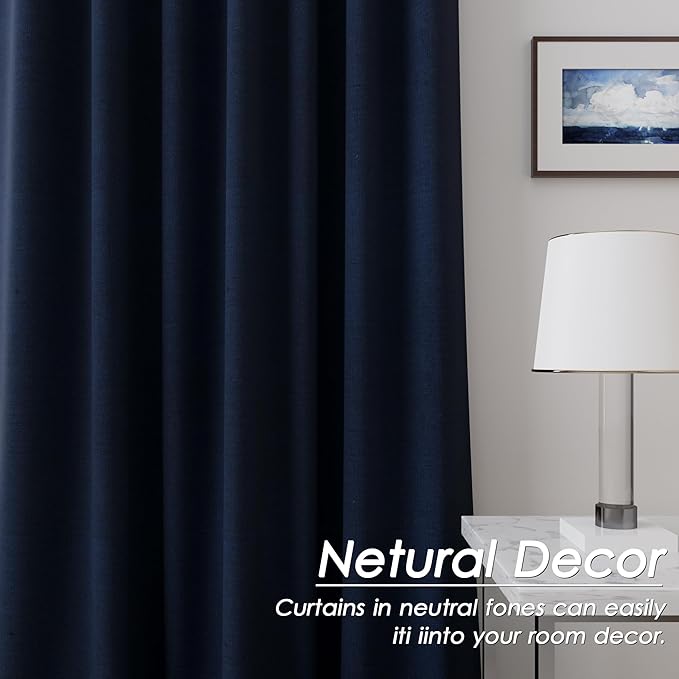 Navy Blue Linen Blackout Curtains 144 inch Length Back Tab Rod Pocket Thermal Insulated Textured Living Room Blackout Curtains 2 Panels Set 52x144