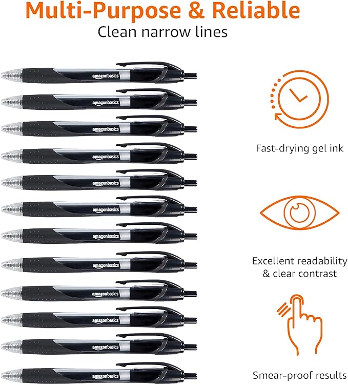 Amazon Basics Retractable Gel Ink Pens, Fine Point, Smooth Writing, Black, 12-Pack