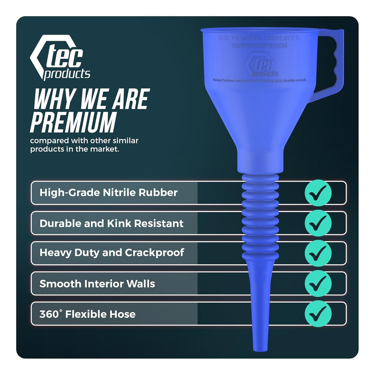 TEC Products FlexAll Long Flexible Funnel for Automotive Use - Durable Nitrile Rubber - Ideal for Car Oil Change, Transmission Funnel Fluid, Diesel, Fuel, Gas - Made in USA - Blue (12 x 4 Inches)