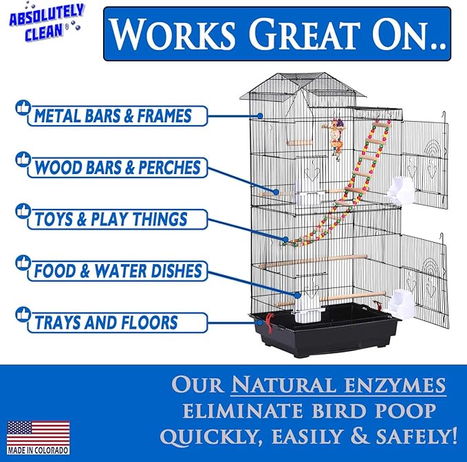 Absolutely Clean Amazing Bird Cage Cleaner and Deodorizer - Just Spray/Wipe - Safely & Easily Removes Bird Messes Quickly and Easily - Made in the US - Fragrance Free (32oz 2pack)