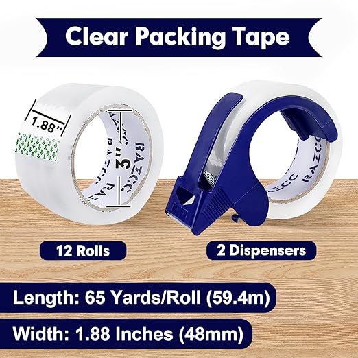 Packing Tape, 12 Rolls Clear Heavy Duty Packaging Tape with Dispensers for Packing, Shipping, Moving and Mailing, Thicker Sealing Tape-1.88" x 65 Yards Per Roll, 780 Total Yards
