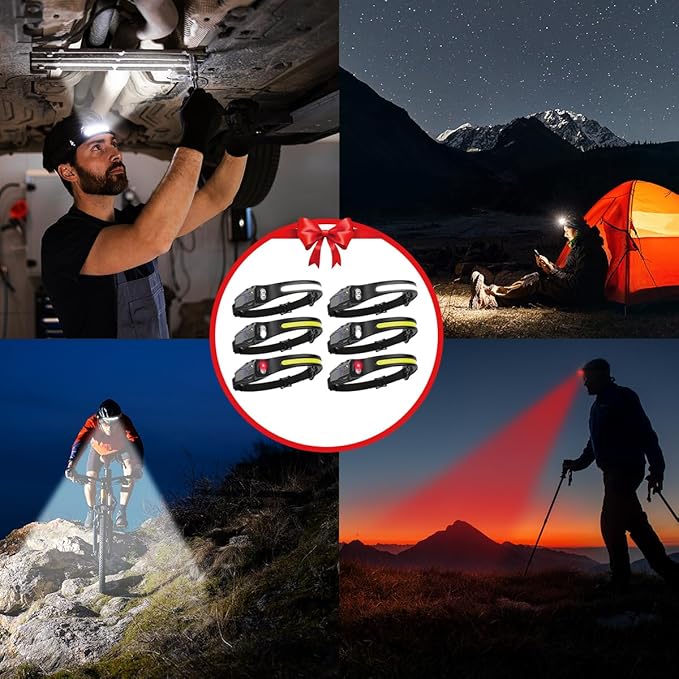 Headlamp Rechargeable 6Pack, 230° Wide Beam LED Headlamp, 7Mode Headlamps for Adults, Head Lamp with Motion Sensor, Red Light Head Lamps LED Rechargeable, Head Lights for Forehead Running Camping