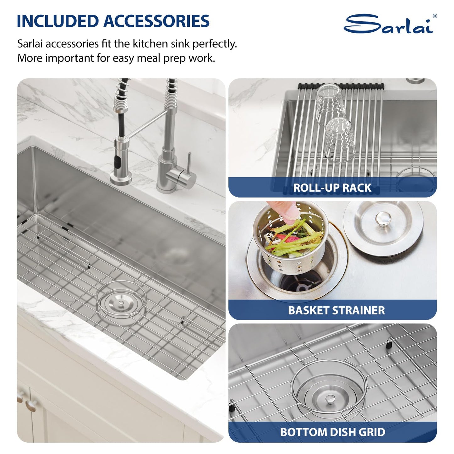 Sarlai 33 Inch Undermount Kitchen Sink - 33 x19 Kitchen Sink Undermount Single Bowl Stainless Steel 16 Gauge Under Counter Sink With Accessories Round Corners
