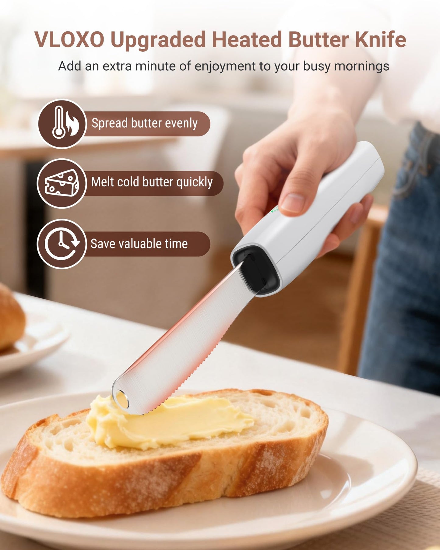 VLOXO Heated Butter Knife, Electric Cold Butter Spreader with 2 Heat Modes Fast Warming Without Tearing Toast Cordless Rechargeable Butter Knife for Hard Butter Cheese Honey Jam and Peanut Butter