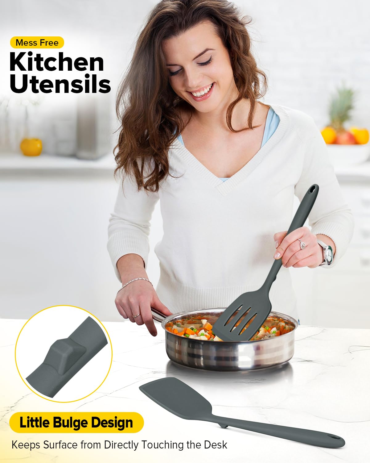 Pack of 2 Silicone Spatula Turners, Non Stick Slotted Kitchen Spatula Set, Heat Resistant BPA Free Kitchen Utensils, One-Piece Design, Suitable for Flipping Fish, Eggs, Steak, Pancakes(GRAY)