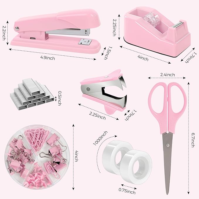 SKYDUE Pink Office Desk Accessories, Pink Office Supplies, Stapler, Tape Dispenser, Scissors, Clips and 1000pcs Staples,Office Supplies for Desk for Women