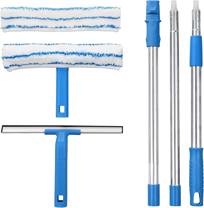 Window Cleaner with Long Handle(57IN), Glass Cleaning Tools with Silicone Squeegee & Microfiber Scrubber, Window Cleaning Kit for Shower Glass Mirror Door Car