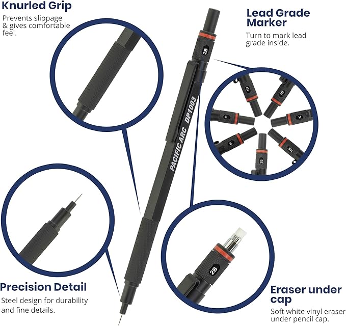 Pacific Arc Chromagraph Metal Mechanical Pencil .3 mm Black Barrel Mechanical Pencil with Built In Lead Pencil Grade Indicator, Lead Pencil Holder for Drafting, Sketching, and Drawing