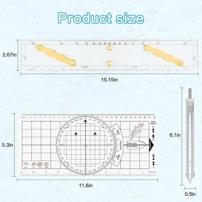 3 Pcs Basic Navigation Set,Including 15inch Parallel Ruler with Brass Arms, Nautical Protractor, and 6 Inch Marine Fixed Points Divider, Marine Accessories with Clear Scales for Boat