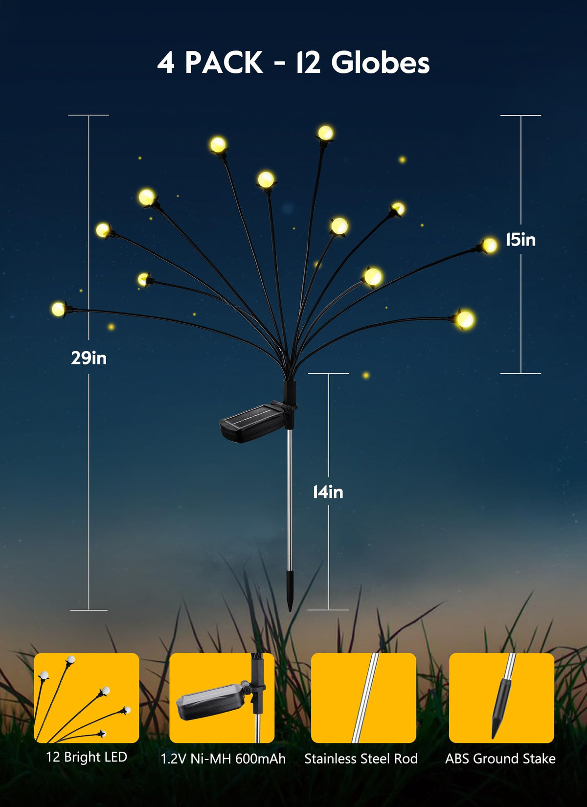 Brightown Solar Garden Lights - 4 Pack 48 LED Firefly Lights with 2 Lighting Mode, Sway by Wind, Waterproof Solar Light for Outdoor Outside Yard, Warm White
