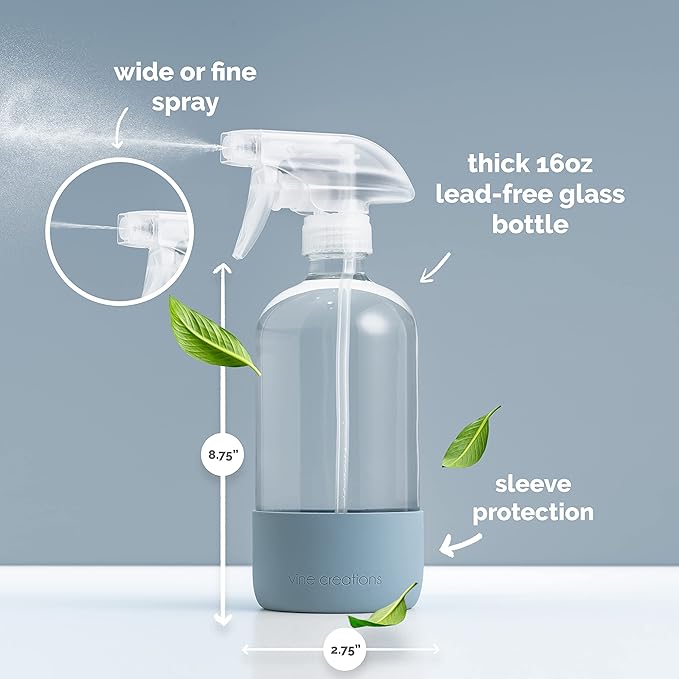 Vine Creations Glass Spray Bottles for Cleaning Solutions, Clear Glass Spray Bottle with Silicone Sleeve, 16 oz Empty Spray Bottles for Cleaning, Plant Spray Bottle, Mist and Stream Nozzle - 2 Pack