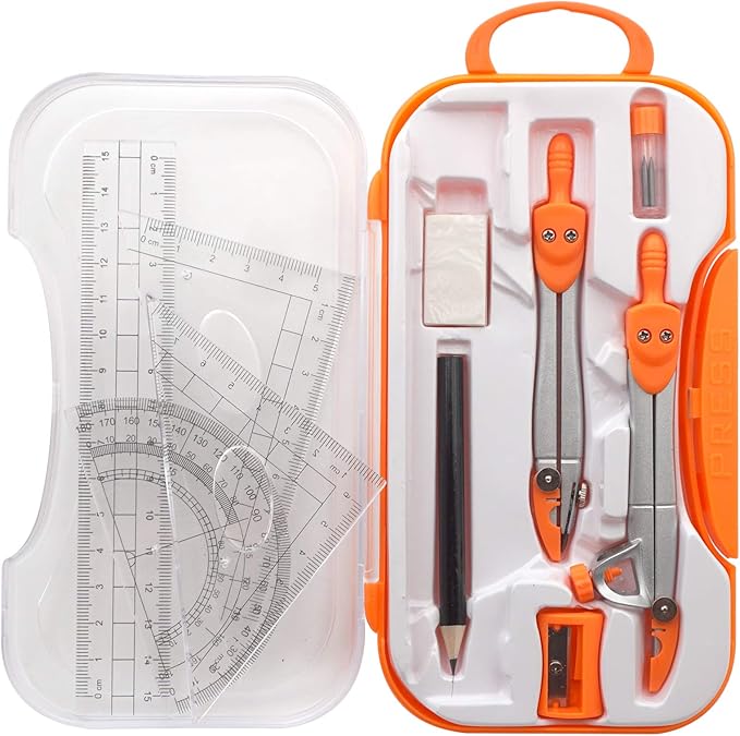 Maths Compasses for Geometry Student Drafting Compass Set Starter Kit with Protractor, Set Squares with Case for School Maths Study, Orange