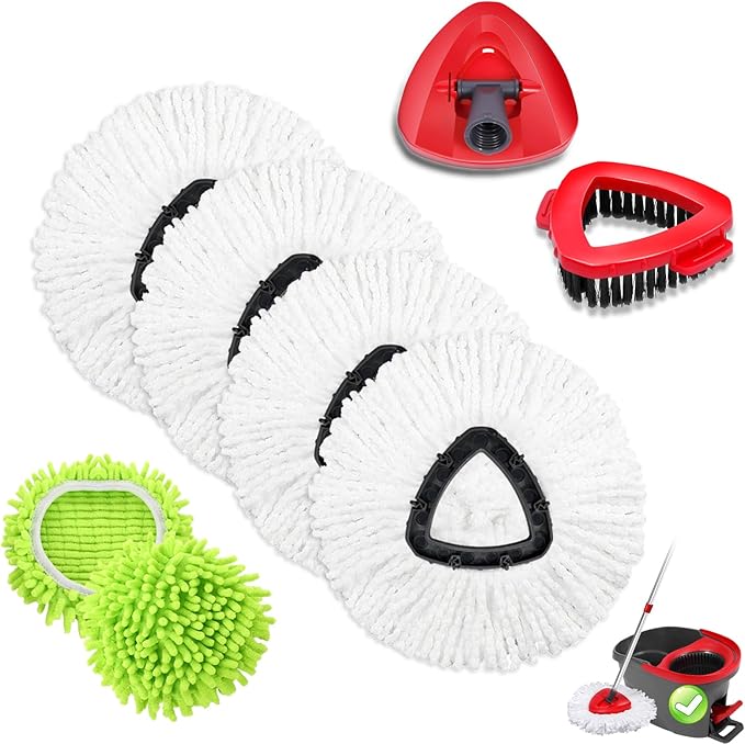 4 Pcs Micro Spin Mop Replacements Head & 2 Chennile Mop Heads & 1 Scrub Brush & 1 Base Combo for Oceda EasyWring 1-Tank System,Mop Head Replacement,Machine Washable for Home,Bathroom,Kitchen