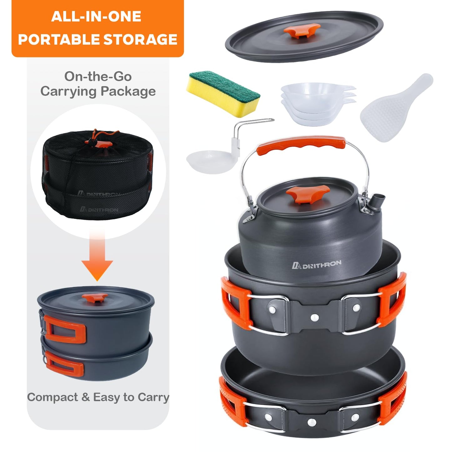 DINITHRON Camping Cookware Set Silicone Handle 10-Piece Lightweight Backpacking Pots and Pans Set, Compact Nesting Camping Cooking Set with Folding Handle for Hiking Family Camping & Outdoor Picnic