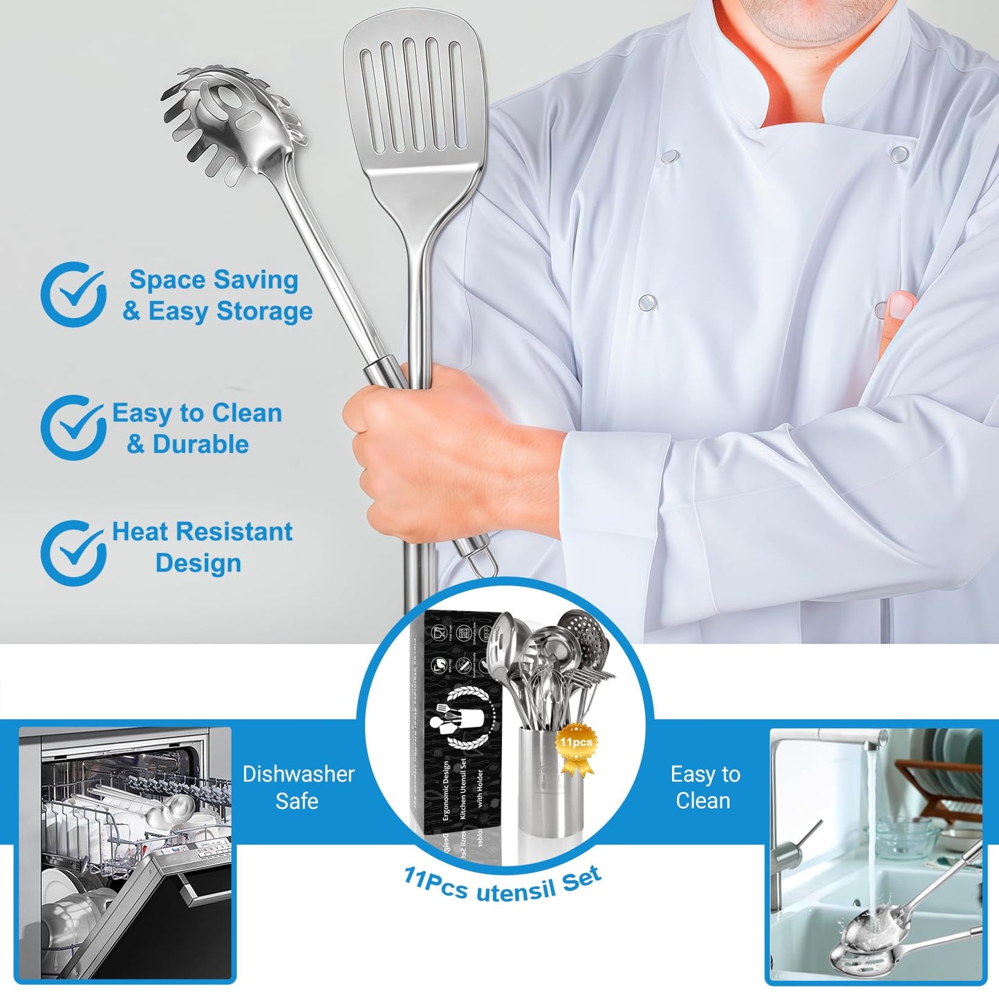 Cooking Utensils Set 11pcs - Stainless Steel Kitchen Utensils Set with Holder, Heat Resistant Kitchen Utensils Sets for Cooking with Turners, Potato Masher, Skimmer, Spoons, Ladle, Tongs, Whisk
