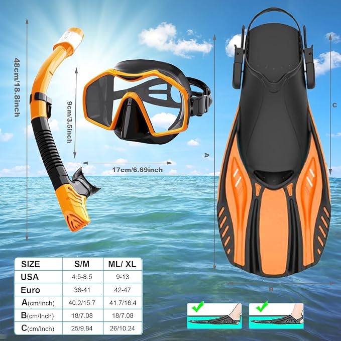 Snorkeling Gear for Adults,Mask Fins Snorkel Set,Panoramic View Diving Mask Anti-Fog,Dry Snorkel,Adjustable Swim Flippers and Travel Bag,Adults Snorkel Gear for Swimming Snorkeling Diving