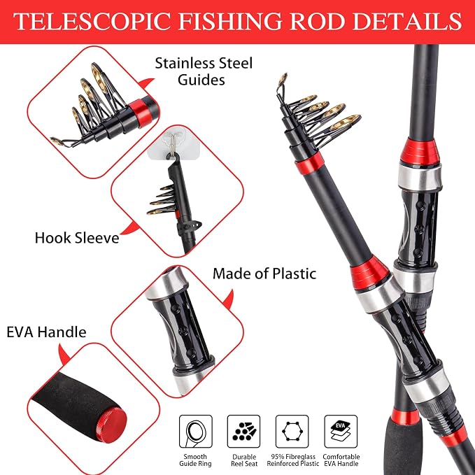 I00000 Fishing Rod and Reel Combos with Fiberglass Telescopic Fishing Pole - Spinning Reel Fishing Carrier Bag, Freshwater and Saltwater Fishing Rod Kit,Travel Fishing Kit for Bass Trout