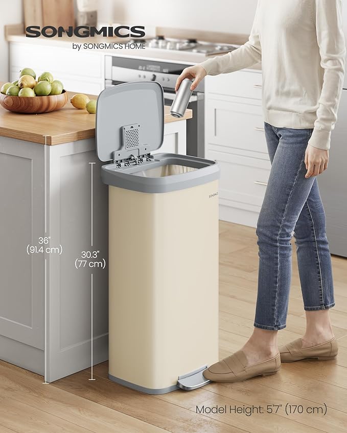 SONGMICS Kitchen Trash Can, 18-Gallon Stainless Steel Garbage Can, with Stay-Open Lid and Step-on Pedal, Soft Closure, Tall, Large and Space-Saving, Sand Beige and Dove Gray ULTB520A01