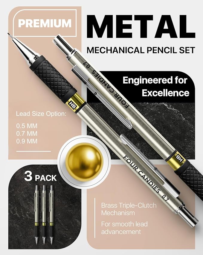 Four Candies Metal Mechanical Pencil Set - 3PCS 0.5 & 0.7 & 0.9 mm Art Pencils & 360PCS HB Lead Refills & 3PCS Erasers & 9PCS Eraser Refills, for Drawing, Writing, Sketching, Drafting - With Case