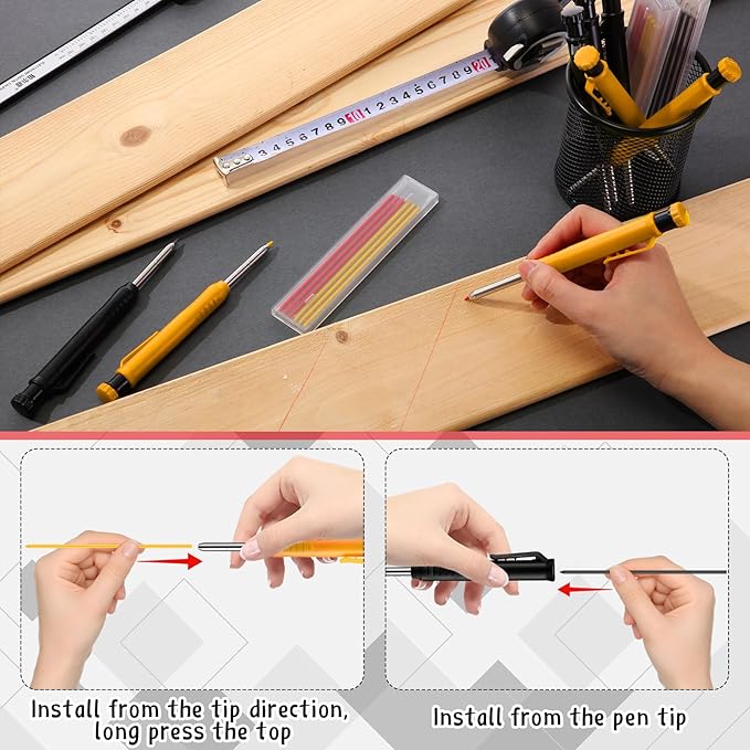 8 pack 2.8mm Mechanical Carpenter Pencils with 48 Refills, Construction Pencils with Built-in Sharpener, Long Nib Deep Hole Marker, Heavy Duty Woodworking Tools (Black+yellow)