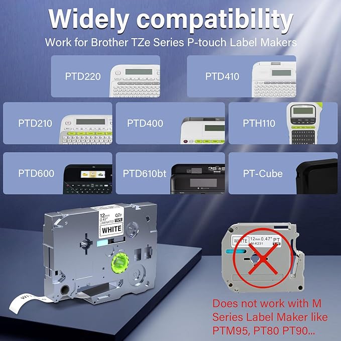 20Pack TZe-231 Tape Label Maker Compatible with Brother P-Touch TZe-231 Tape, TZE231 ½” 0.47”x 26.2 ft Laminated Black on White, for use with PT-D210, PT-H110, PT-D220, PT-D410, PT-D600