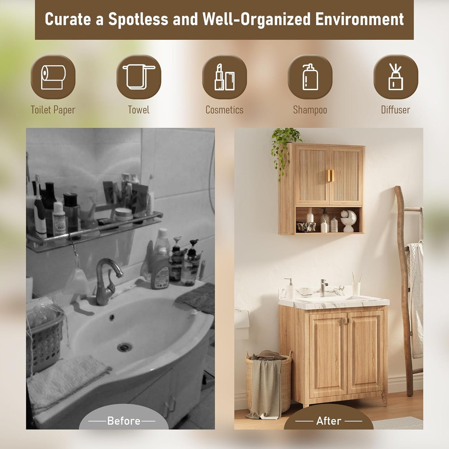 INNOD Bathroom Wall Storage Cabinet, Medicine Cabinet with Adjustable Wood Shelf & Doors, Over the Toilet Storage Cabinet for Laundry Room & Living Room Kitchen Storage Islands (Natural Oak)