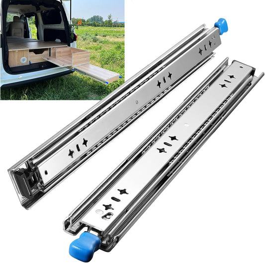 Heavy Duty Drawer Slides with Lock 34 Inch,3-Fold Full Extension Locking Drawer Slides 250 lbs Load Capacity Side Mount Ball Bearing Industrial Locking Rail 1 Pair(W:53mm, 34")