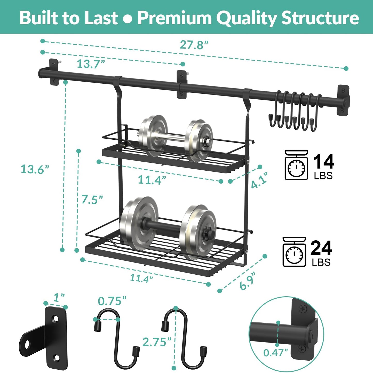 NADAMOO Spice Rack Wall Mount, 2-Tier Storage Shelf with Towel Bar, Utensil Hanger with Hooks for Kitchen, Bathroom, Pantry, Laundry, Matte Black Heavy Duty Metal Organizer