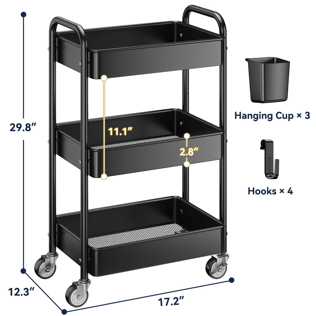 YASONIC 3 Tier Rolling Cart - Metal Utility Cart with Wheels, Hanging Cups, Hooks, Heavy Duty Mesh Rolling Storage Cart Organizer, Craft Cart for Kitchen Office, Lightweight and Sturdy