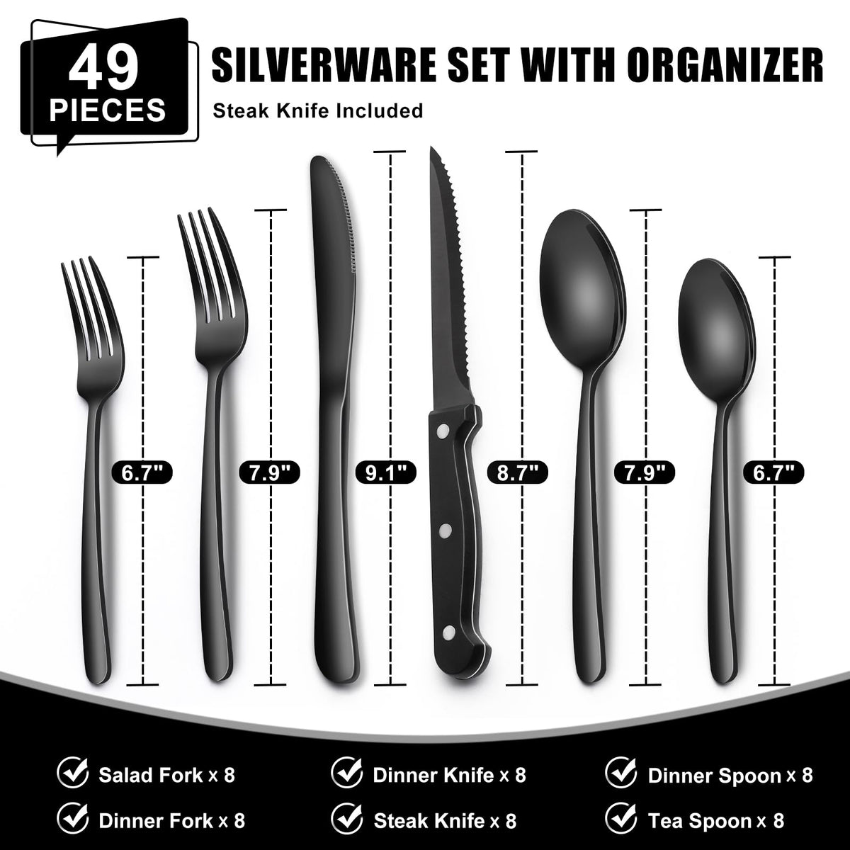 49-Piece Black Silverware Set with Organizer, Heavy Duty Stainless Steel Flatware for 8, Cutlery Utensil Sets with Steak Knives, Rust-proof, Mirror Polished, Dishwasher Safe, Black Heavy Duty