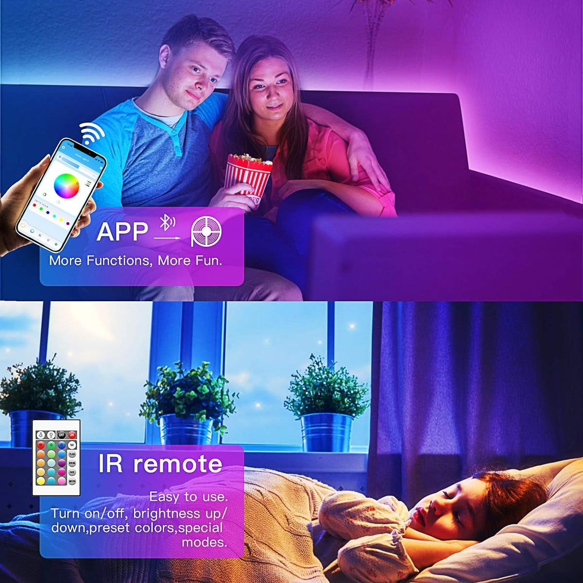 120ft Bluetooth LED Strip Lights,SMD 5050 Music Sync LED Lights Strip,RGB Color Changing LED Lights with Remote,Smart Phone APP Control,LED Lights for Bedroom,Ceiling,Room DIY(APP+Remote +Mic/60ftx2)