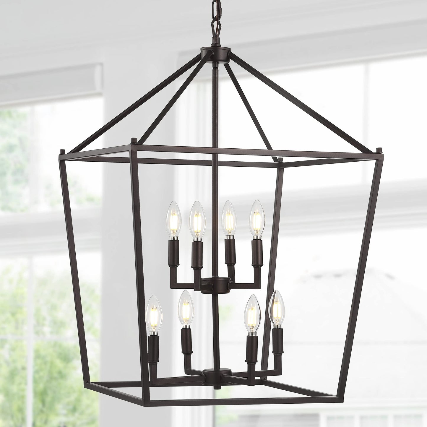 JONATHAN Y 20" Oil Rubbed Bronze Lantern Pendant Light, 8-Light Pagoda Style Metal Cage Farmhouse Hanging Ceiling Fixture for Kitchen Island, LED Bulb Included (JYL7438A)