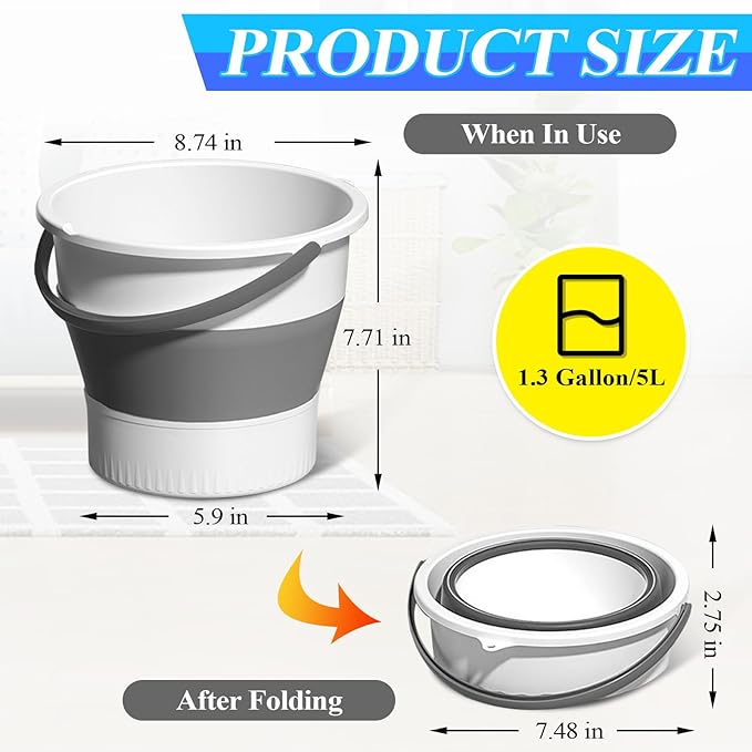 Collapsible Bucket 1.3 Gallon/5L Small Plastic Household Cleaning Mop Buckets Foldable Water Bucket for Car Wash Fishing Camping Beach (White)
