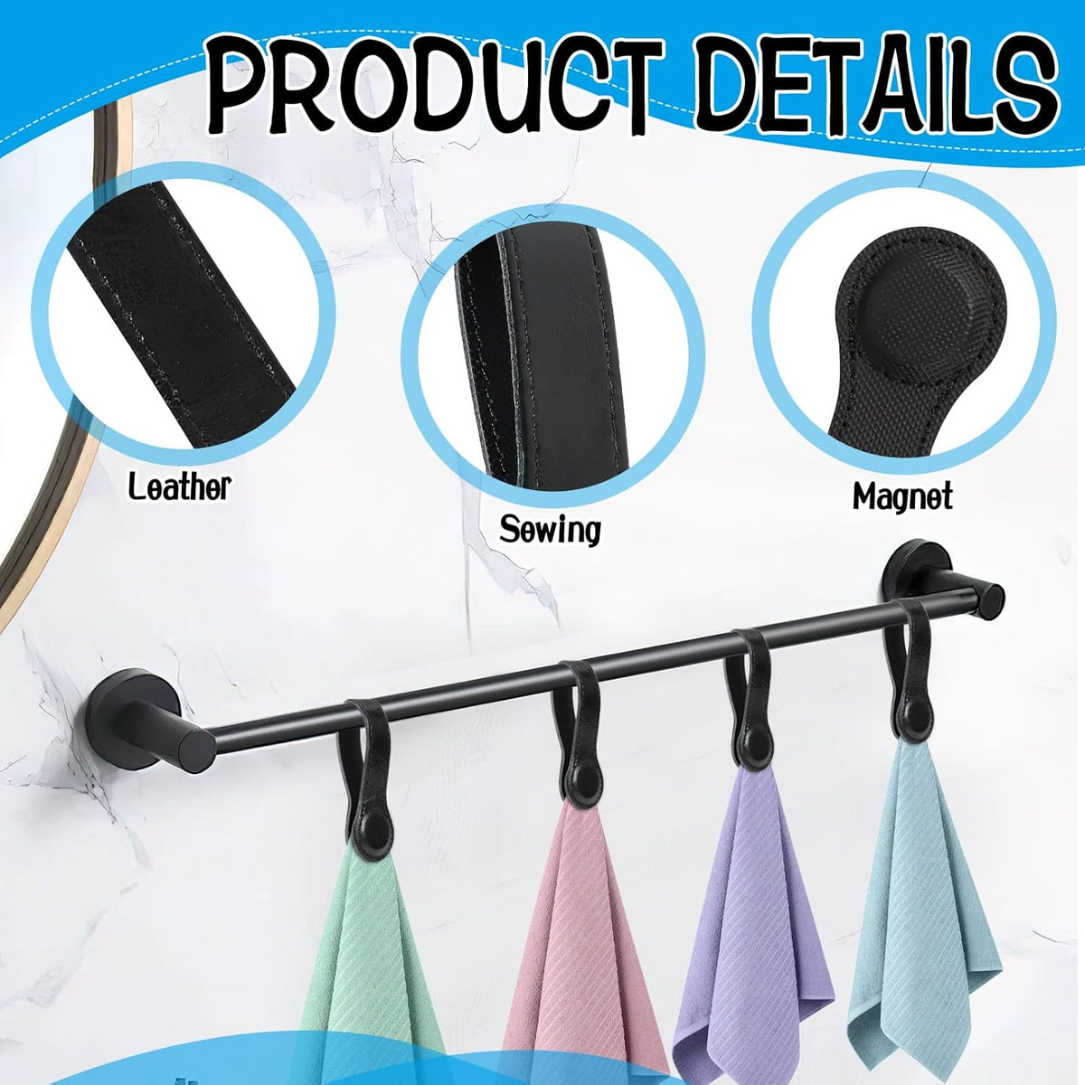 4 PCS Genuine Leather Towel Clips for Kitchen, Magnetic Hand Clips, Towel Holder with Magnet for Rods and Racks, Bathroom Accessory (Black)