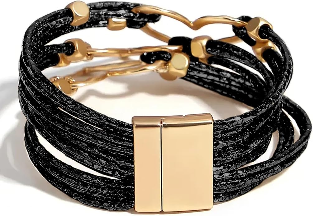 Fesciory Leather Wrap Bracelets for Women, Boho Leopard Multi-Layer Crystal Beads Cuff Bracelet Jewelry