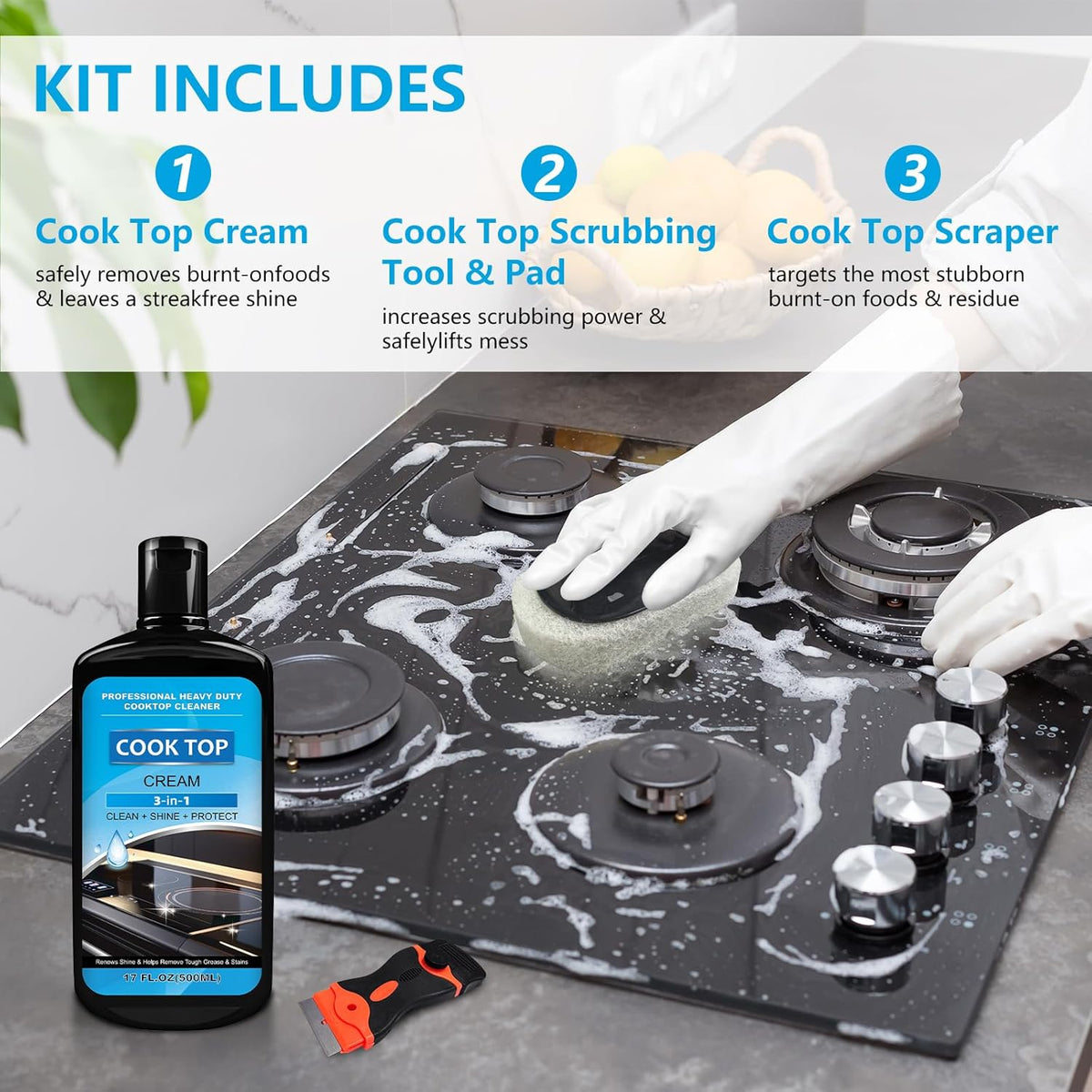 Cooktop and Stove Top Cleaner Kit, Glass Cooktop Cleaner Combo Kit with Razor, Scraper, Scrubbing Pad Removes Tough Stains, Stovetop Cleaner for Glass and Ceramic Surfaces,17OZ