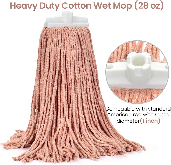 Matthew Cleaning Screw-on Heavy Duty Cotton Wet Mop Replacement Heads(Orange, Large,12 Pack) with 2 Pack Microfiber Cloth for Residential & Commercial Floor Cleaning Use- Fit Standard American Screw