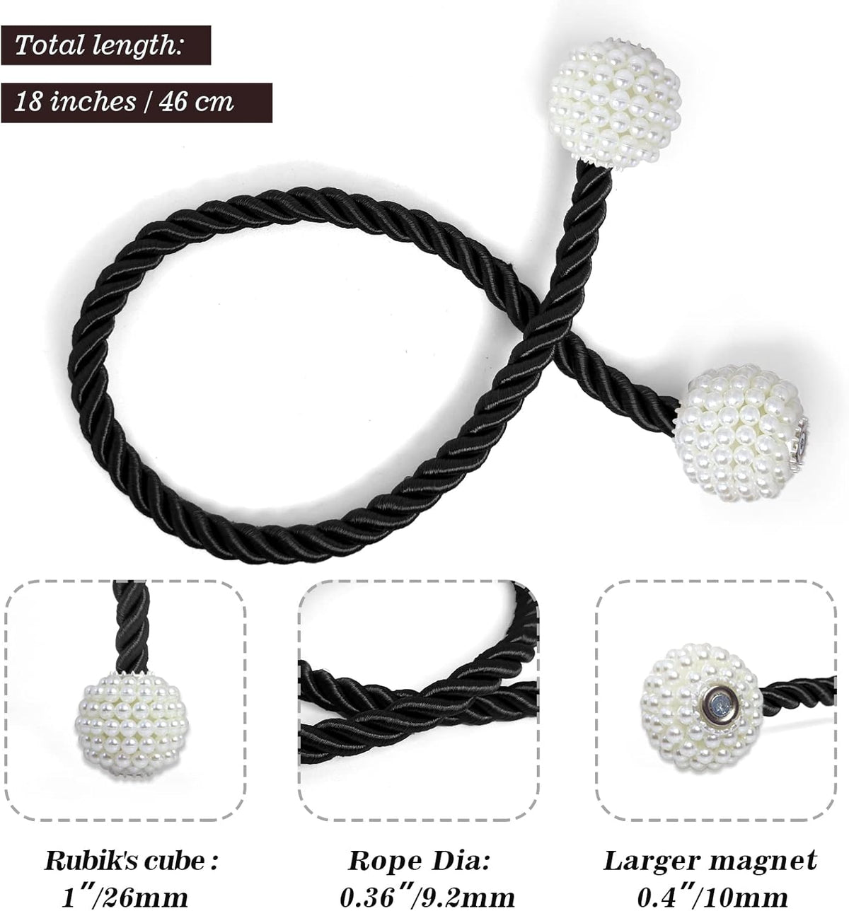 Hion Magnetic Curtain Tiebacks Black 2pcs, Curtain Tiebacks Buckles Holdbacks Holders Hooks Clip for Home Bedroom Office Decorative Curtain