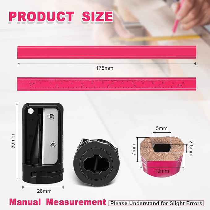 Honoson 200 Pcs Flat Construction Pencils with Printed Ruler Wood Graphite 2 Pcs Carpenter Pencil Sharpener for Woodworking Marking Tool(Pink)