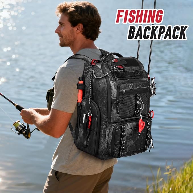 Fishing Tackle Backpack,Tackle Bag with 2 Rod Holders & 4 Tackle Boxes, Water-Resistant Large Storage Fishing Gear and Equipment, Fisher Gifts for Men, Black Camo